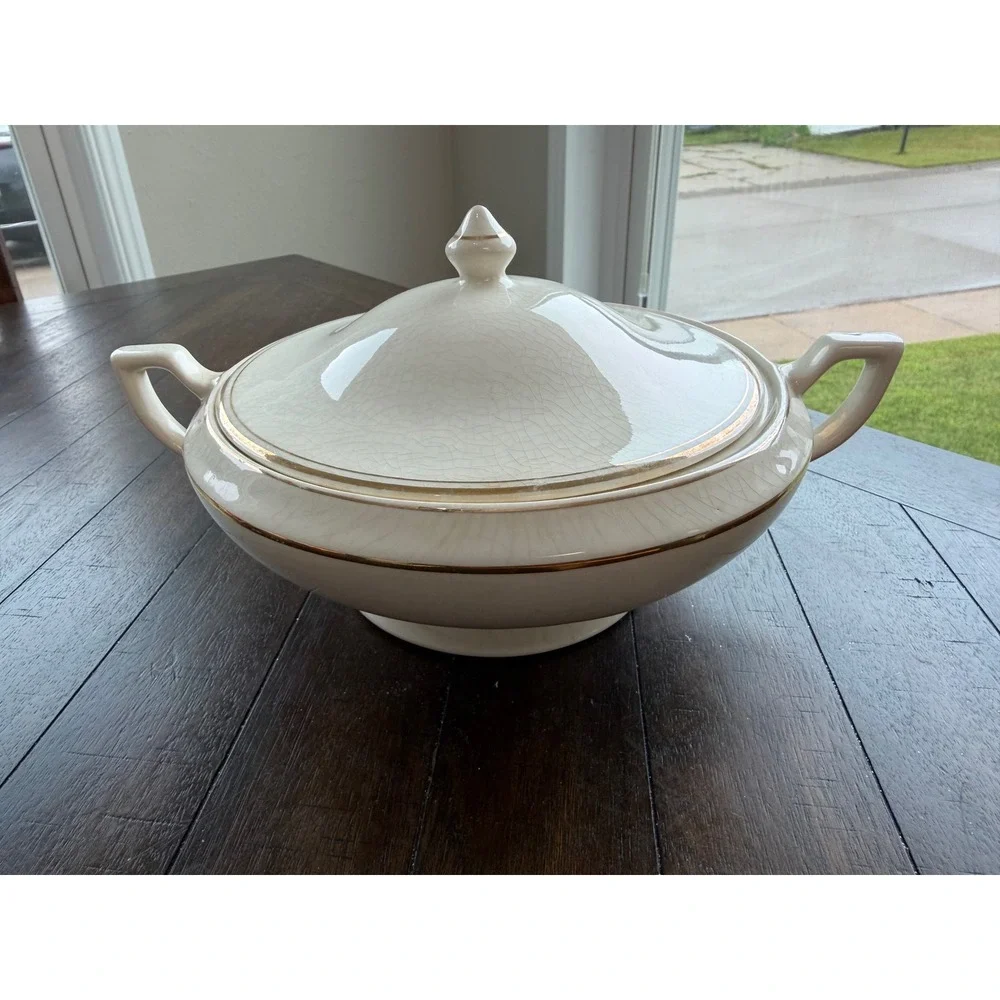 Vintage Cream Crackle Glaze Covered Tureen Gold Trim Double Handle Serving Bowl